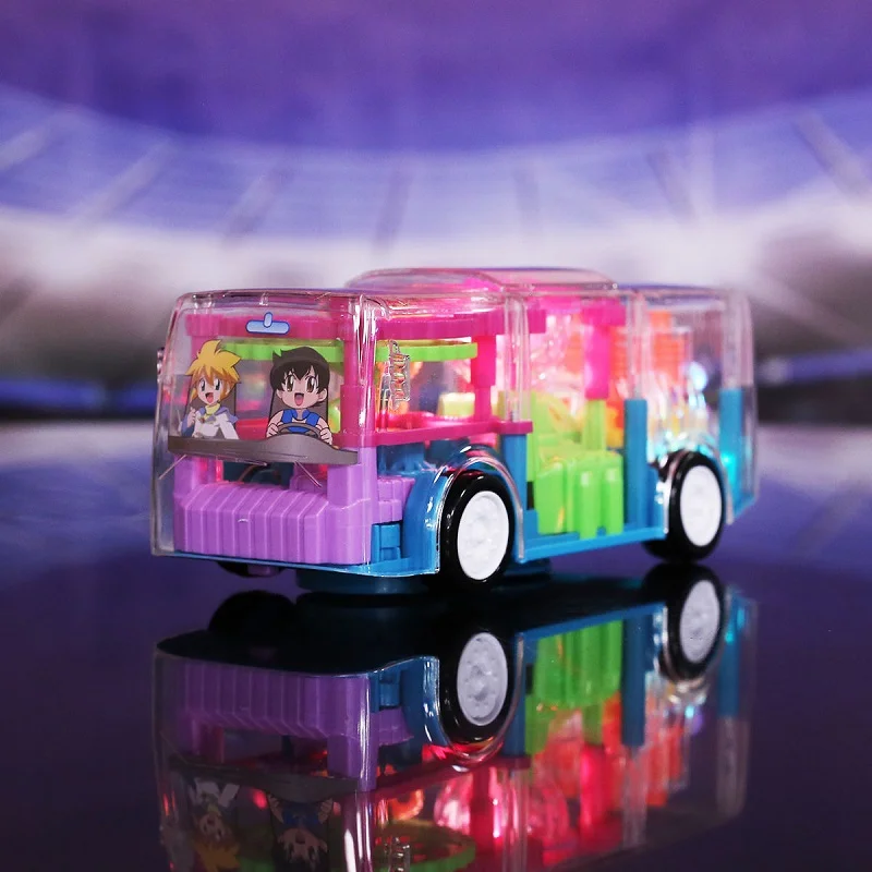 transparent gear bus 3d stage multi colored lights
